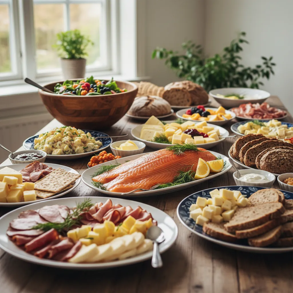 Koldtbord med laks, spekemat, ost og brød